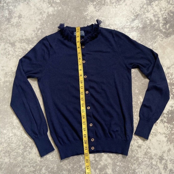 Duffield lane navy button cardigan size small cashmere blend fringe neckline - Picture 5 of 10